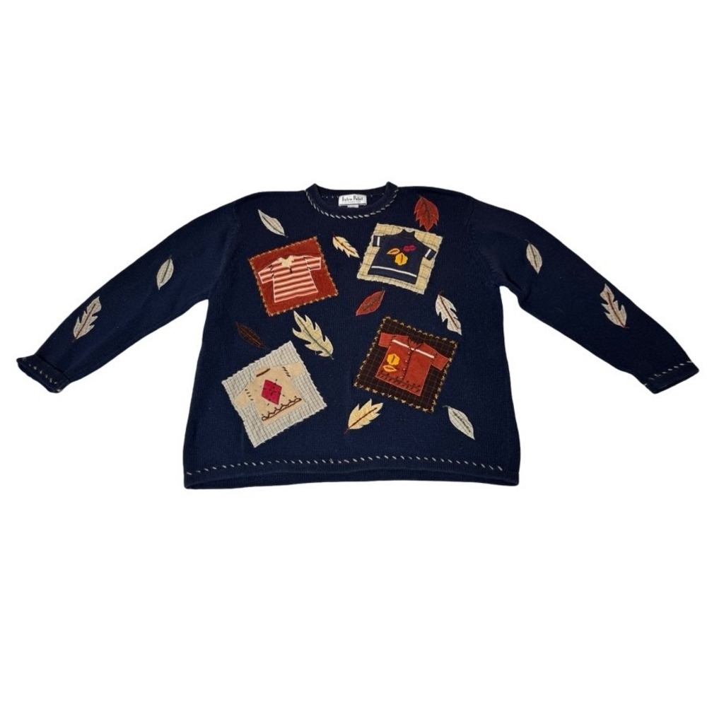 Extra Point Vintage Navy Blue Patchwork Leaf Sweater Plus Size 3X Fall